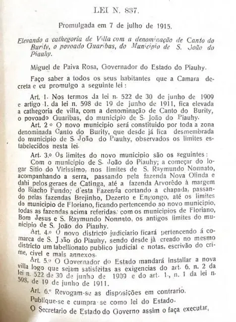 DECRETO DE INSTALAÇÃO DO MUNICÍPIO DE CANTO DO BURITI